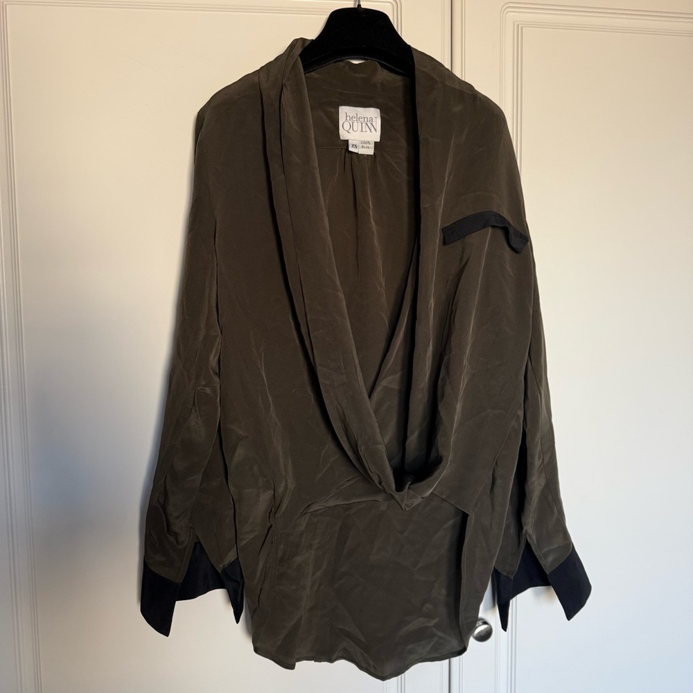 silk olive green twist top Helena Quinn draped wrap blouse